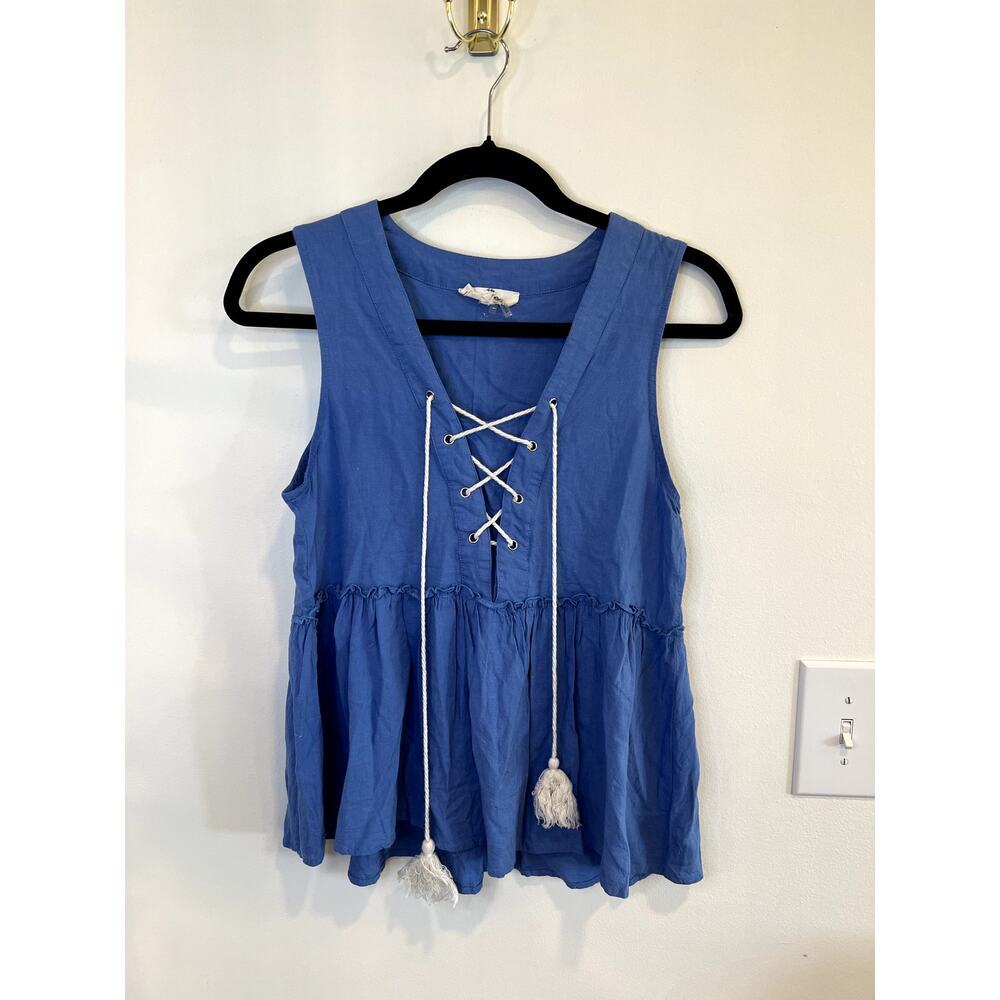 Entro Blue Lace Up Babydoll Tank Top Small Boho Peplum Tassel Blouse